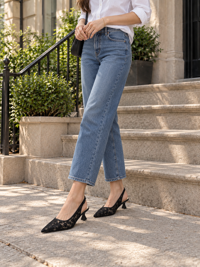 Lace Pointed-Toe Slingback Pumps