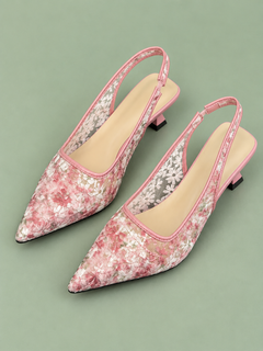 Lace Pointed-Toe Slingback Pumps