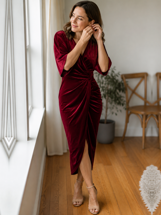 Velvet Surplice Ruched Midi Dress