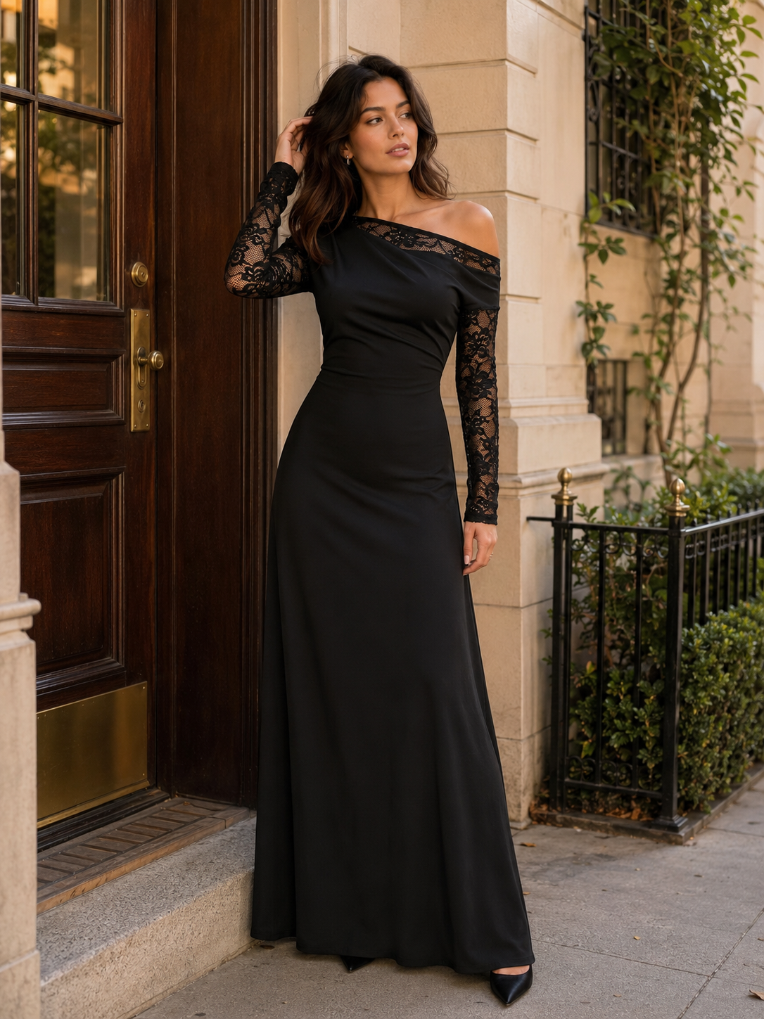 One-Shoulder Lace Sleeve Maxi Dress