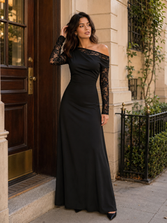 One-Shoulder Lace Sleeve Maxi Dress
