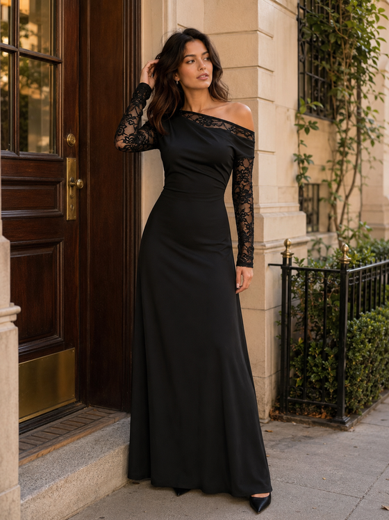 One-Shoulder Lace Sleeve Maxi Dress