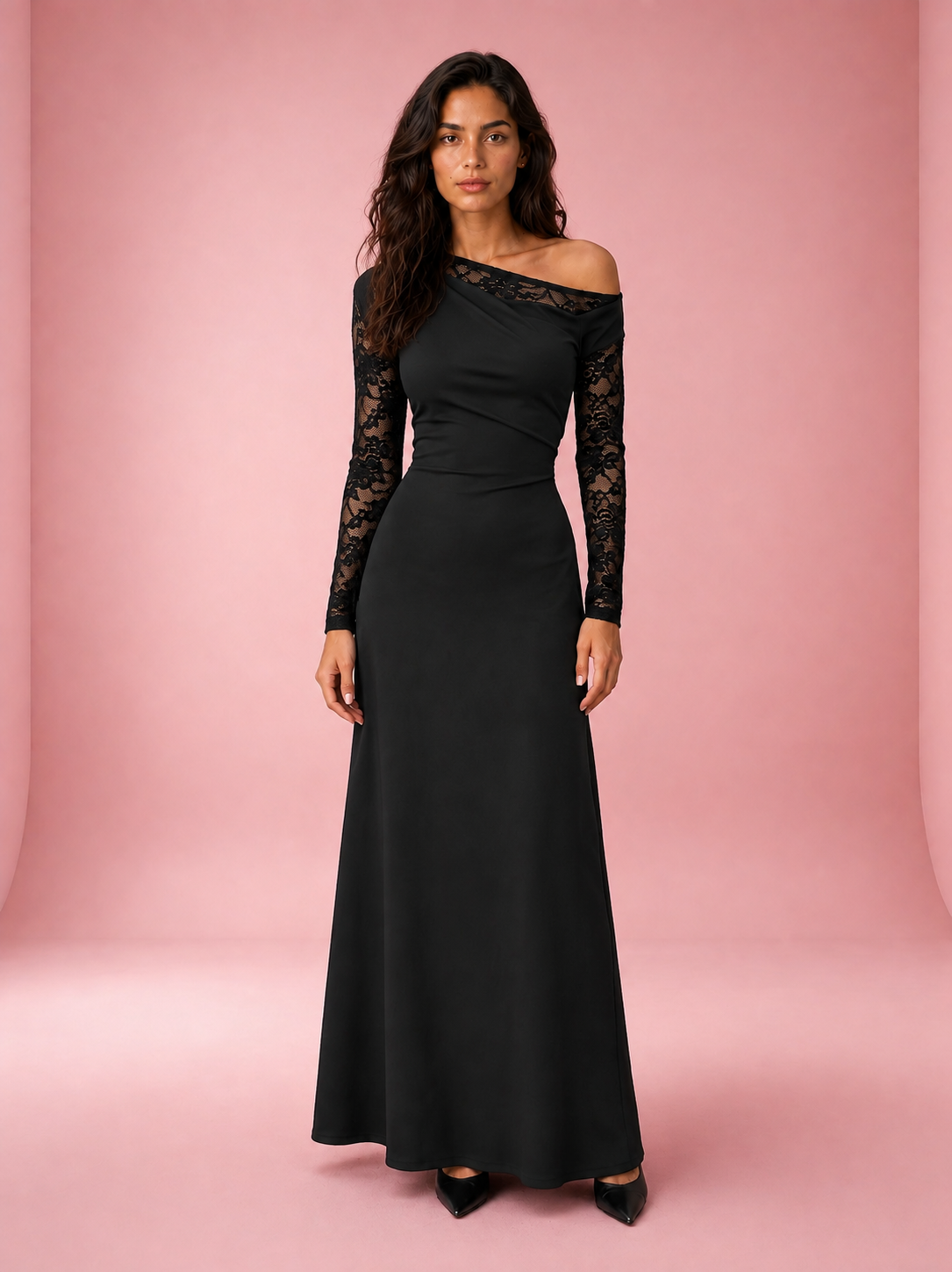 One-Shoulder Lace Sleeve Maxi Dress