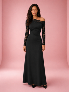 One-Shoulder Lace Sleeve Maxi Dress