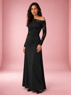 One-Shoulder Lace Sleeve Maxi Dress