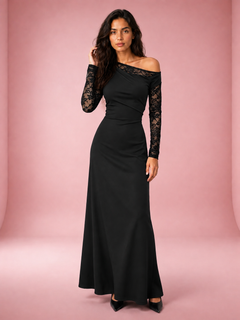 One-Shoulder Lace Sleeve Maxi Dress