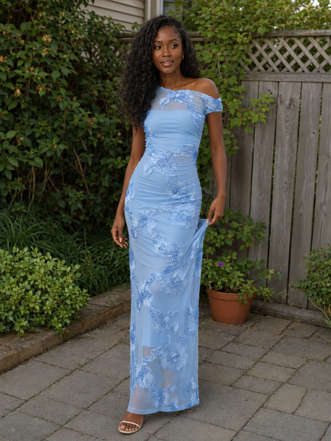 Floral Embroidered One-Shoulder Maxi Dress