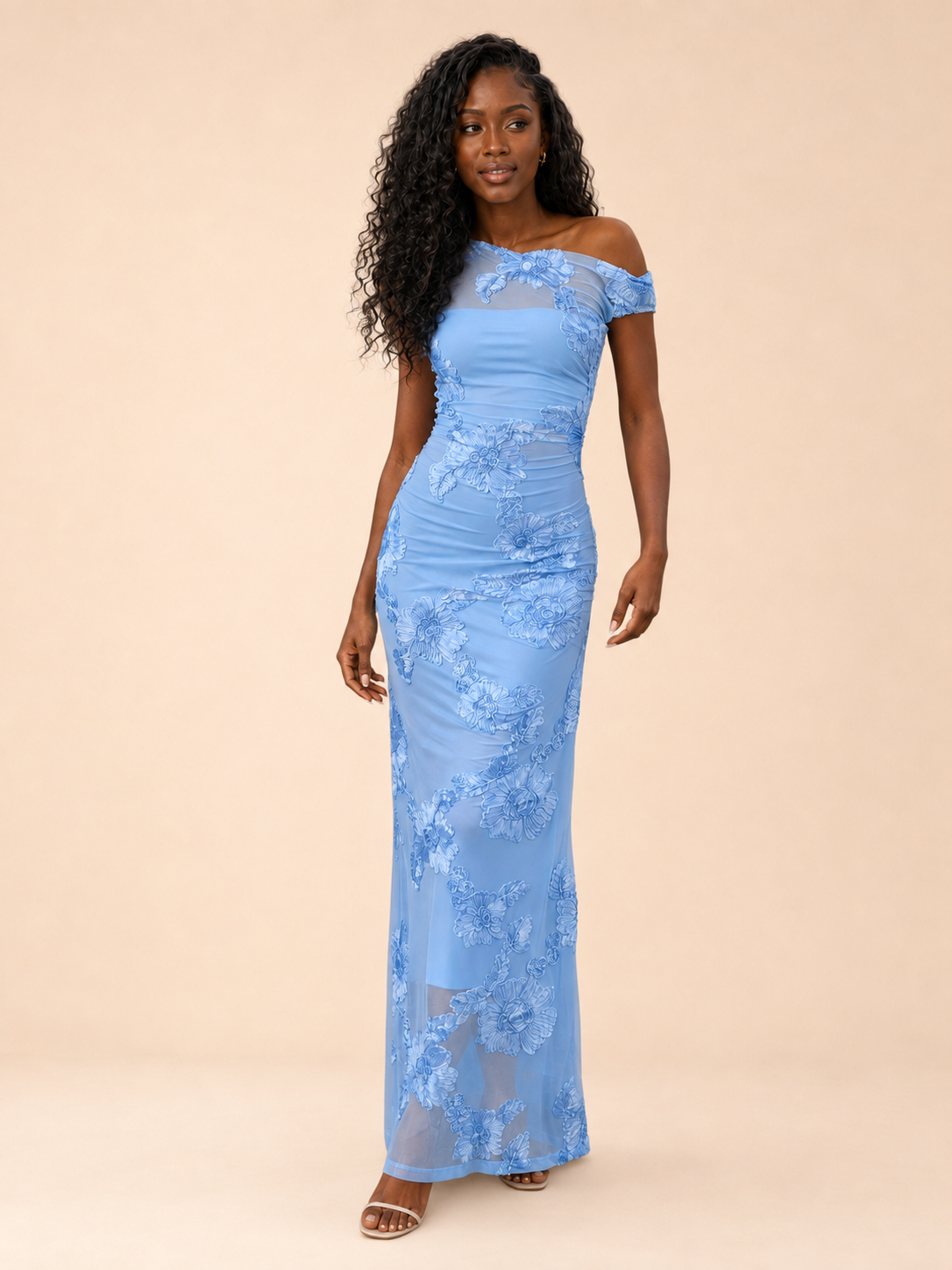Floral Embroidered One-Shoulder Maxi Dress