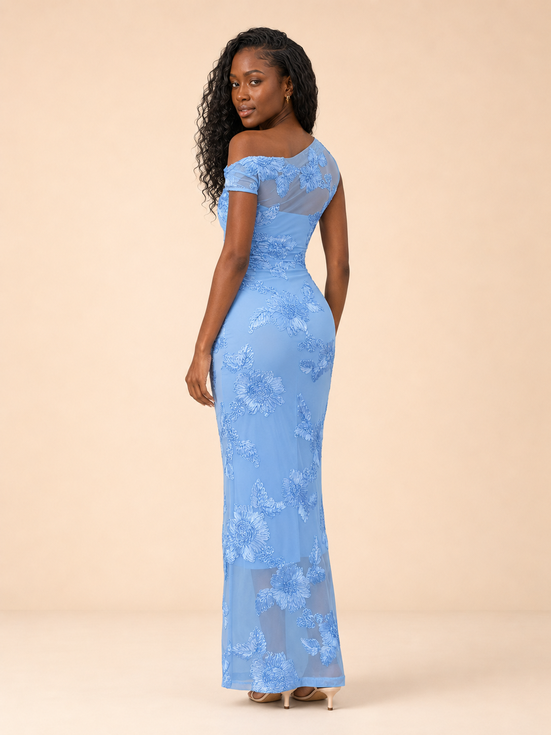 Floral Embroidered One-Shoulder Maxi Dress