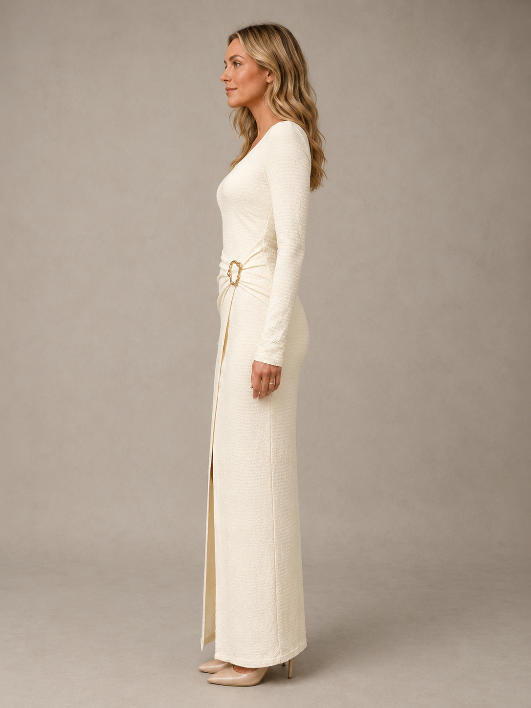 Textured Long Sleeve Buckle Maxi Dress