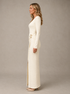 Textured Long Sleeve Buckle Maxi Dress