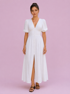 Puff Sleeve Button-Front Slit Maxi Dress