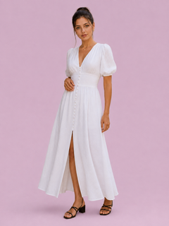 Puff Sleeve Button-Front Slit Maxi Dress