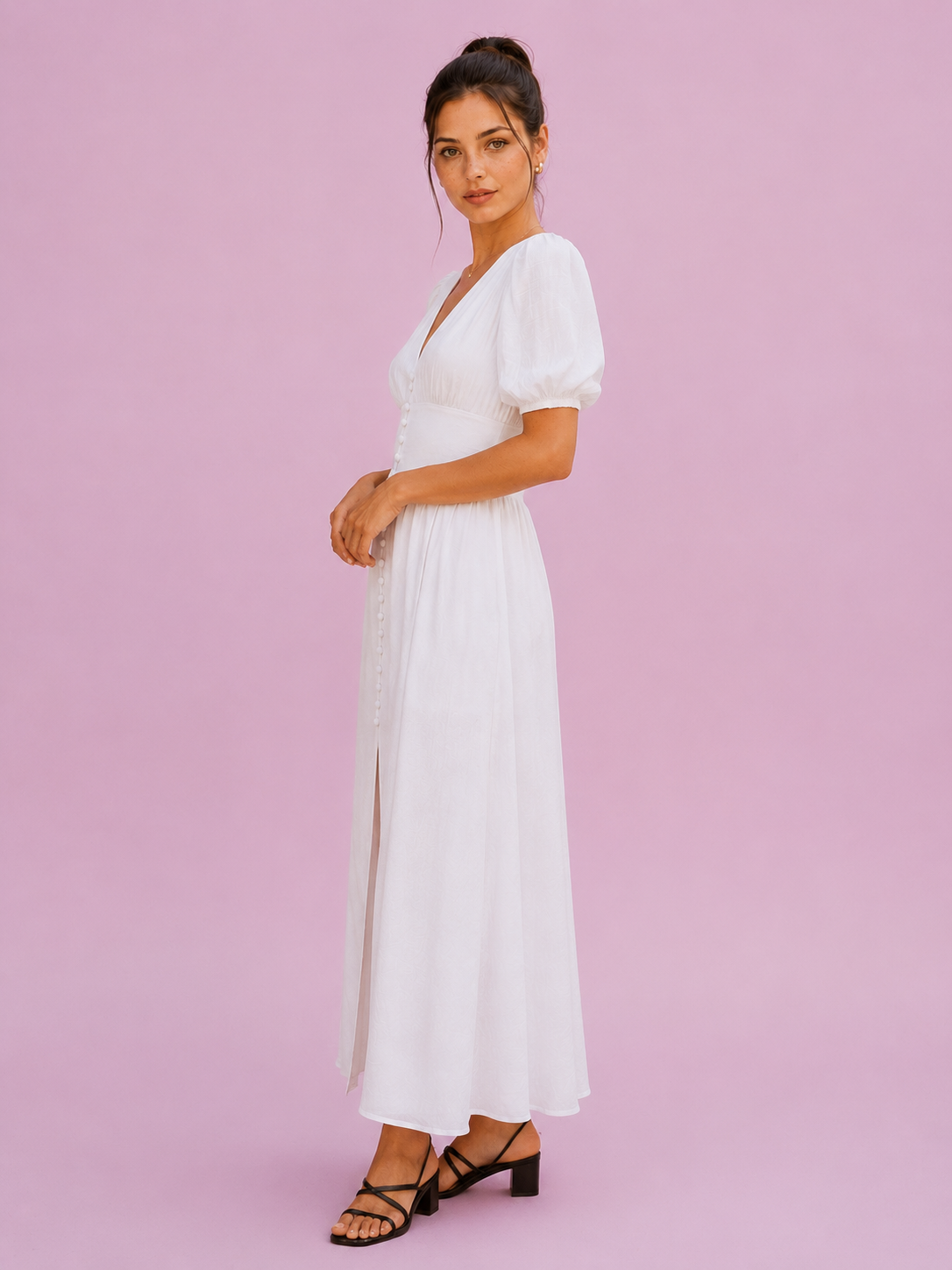 Puff Sleeve Button-Front Slit Maxi Dress