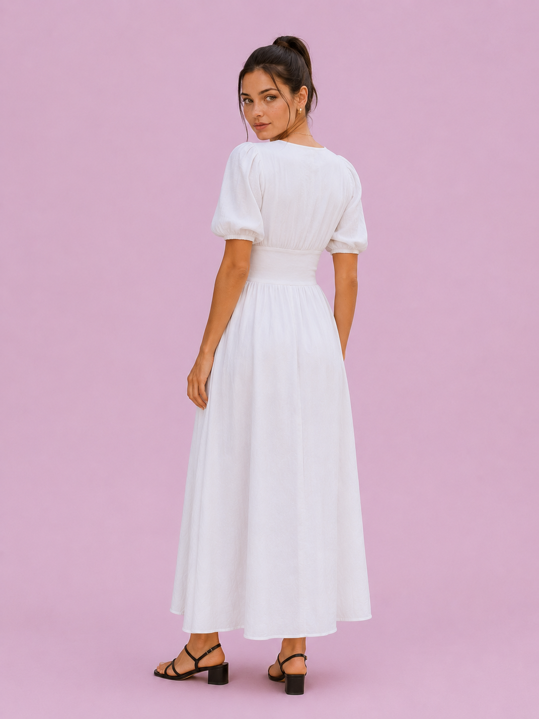 Puff Sleeve Button-Front Slit Maxi Dress