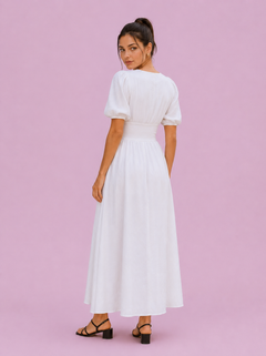 Puff Sleeve Button-Front Slit Maxi Dress