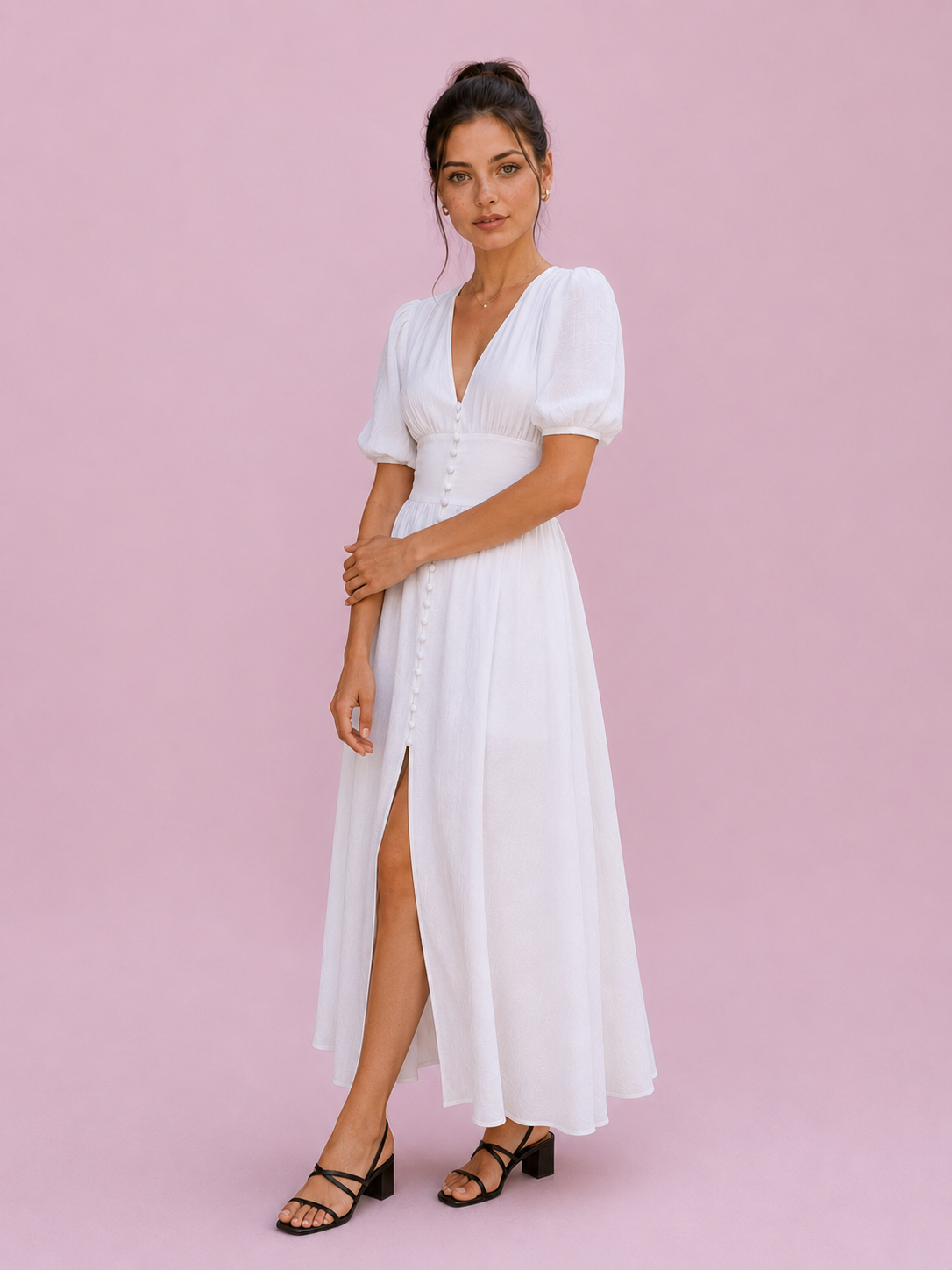 Puff Sleeve Button-Front Slit Maxi Dress