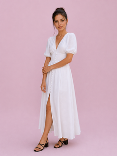 Puff Sleeve Button-Front Slit Maxi Dress