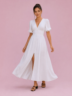 Puff Sleeve Button-Front Slit Maxi Dress