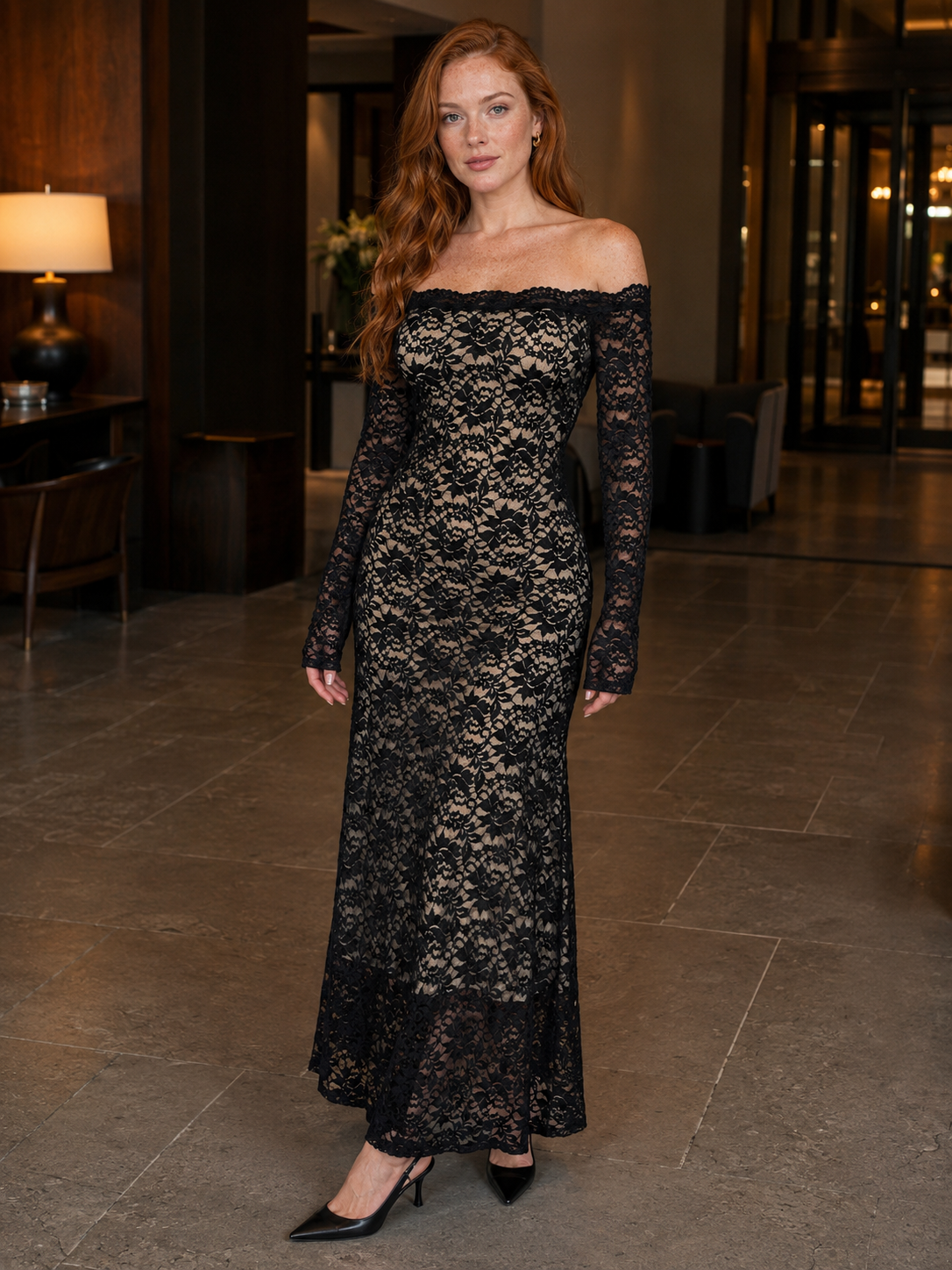 Off-Shoulder Floral Lace Maxi Dress