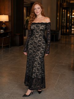 Off-Shoulder Floral Lace Maxi Dress