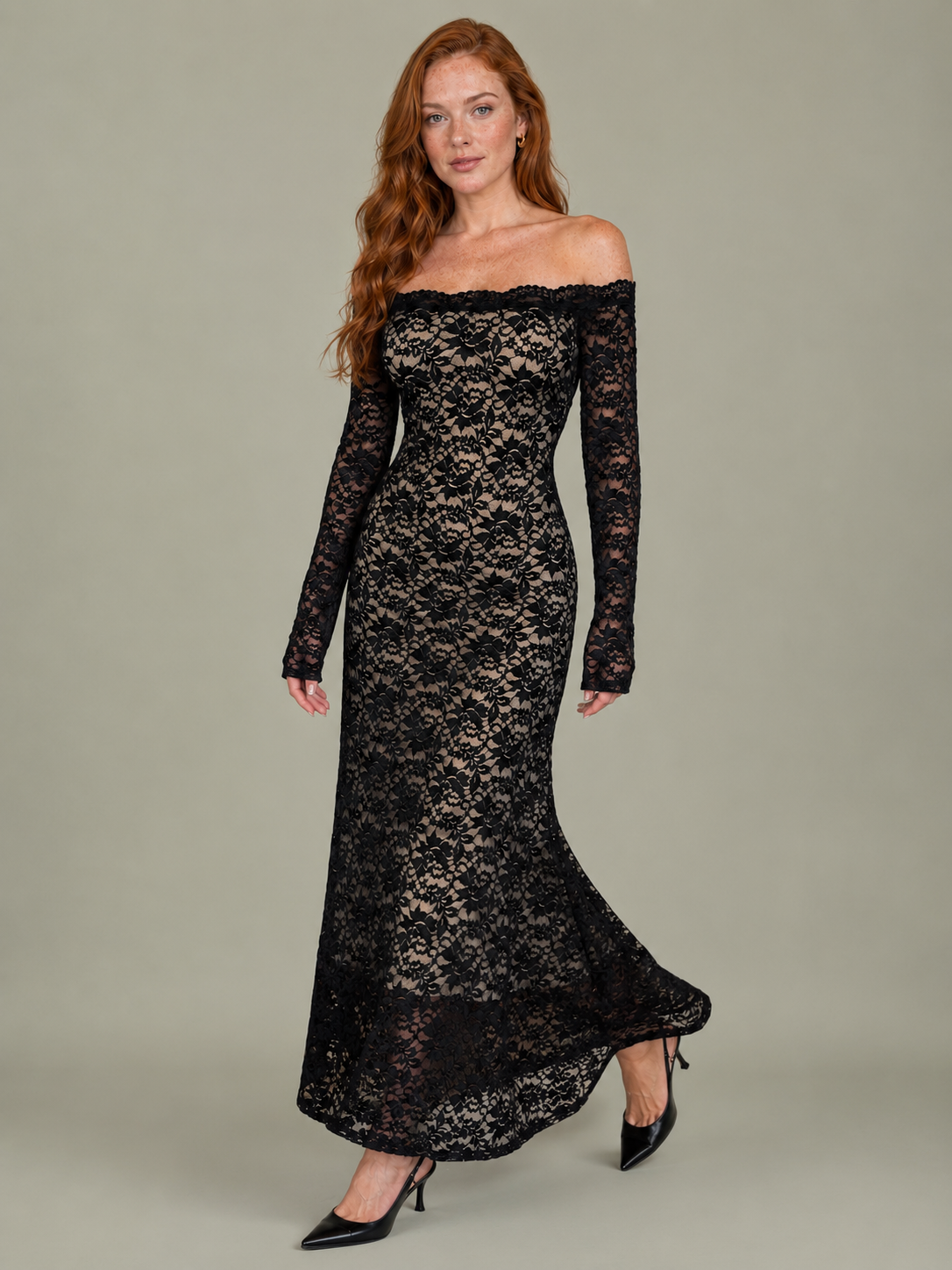 Off-Shoulder Floral Lace Maxi Dress