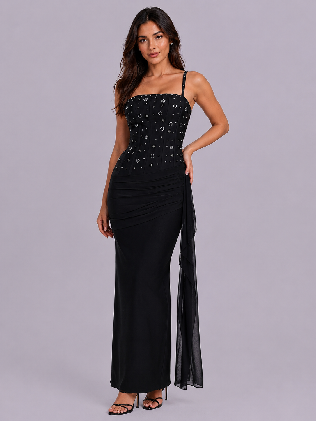 Embellished Corset Draped Maxi Dress