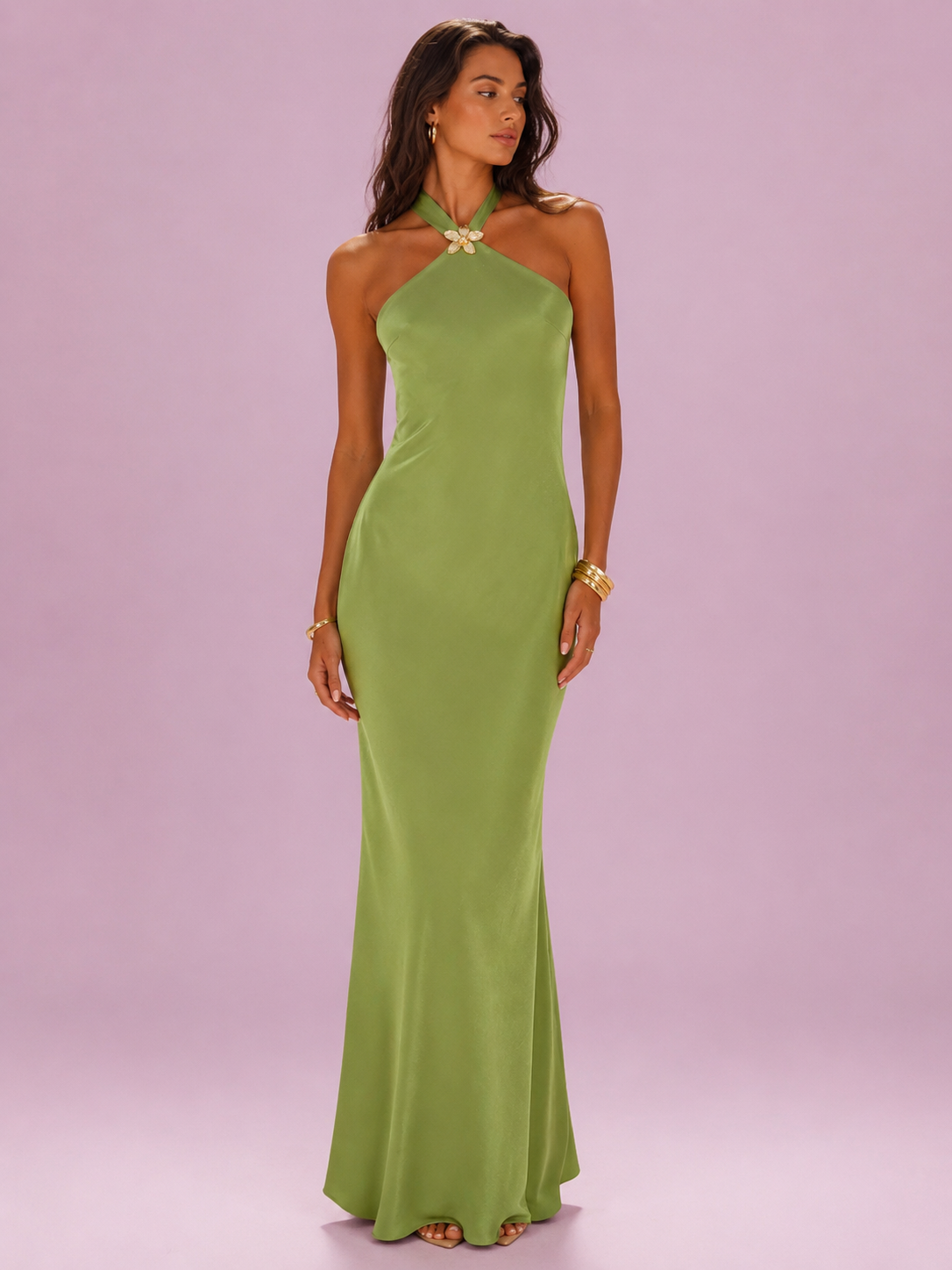 Butterfly Detail Halter Neck Satin Maxi Dress
