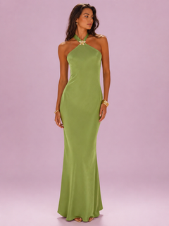 Butterfly Detail Halter Neck Satin Maxi Dress