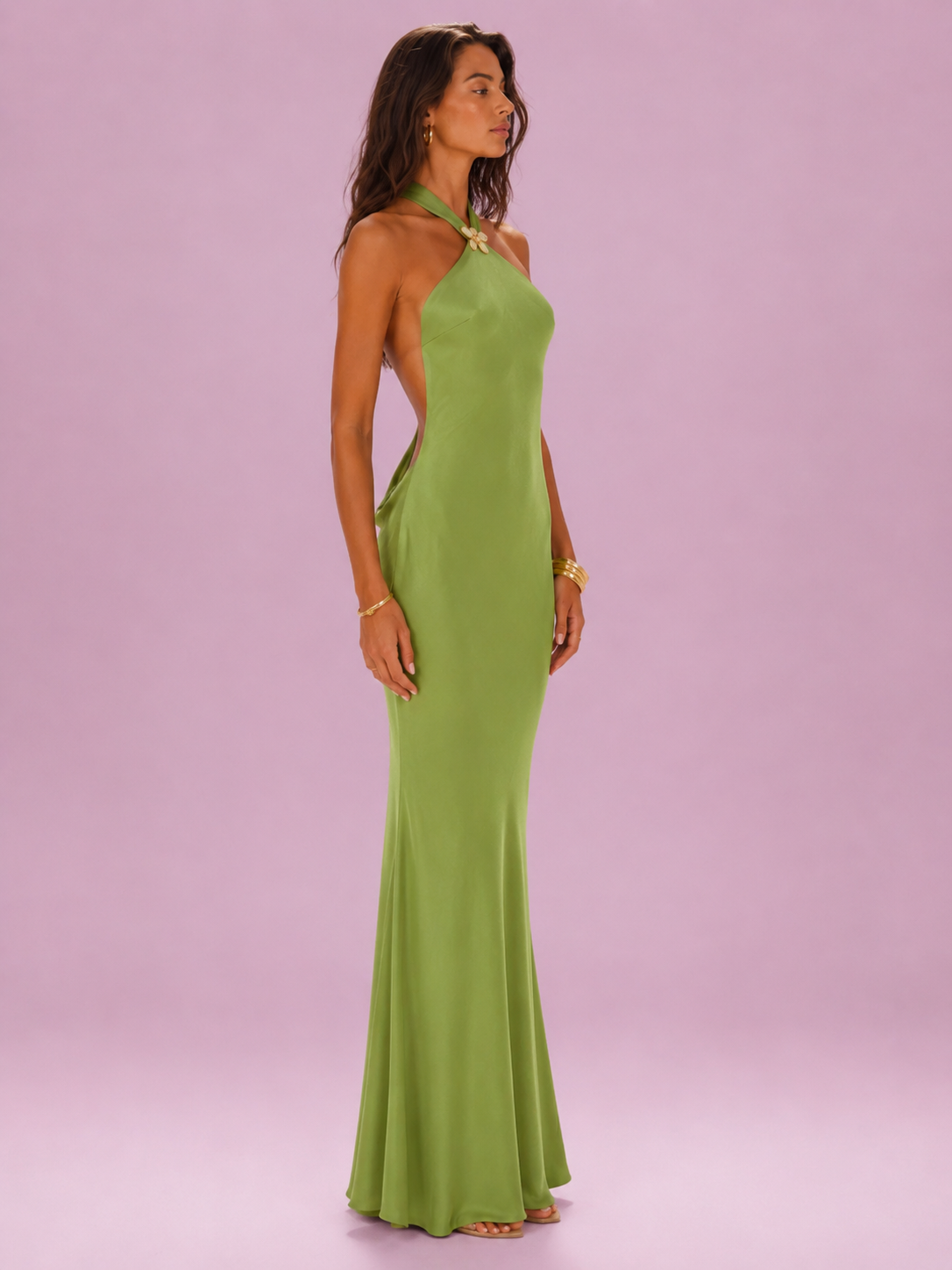 Butterfly Detail Halter Neck Satin Maxi Dress