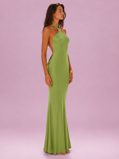 Butterfly Detail Halter Neck Satin Maxi Dress