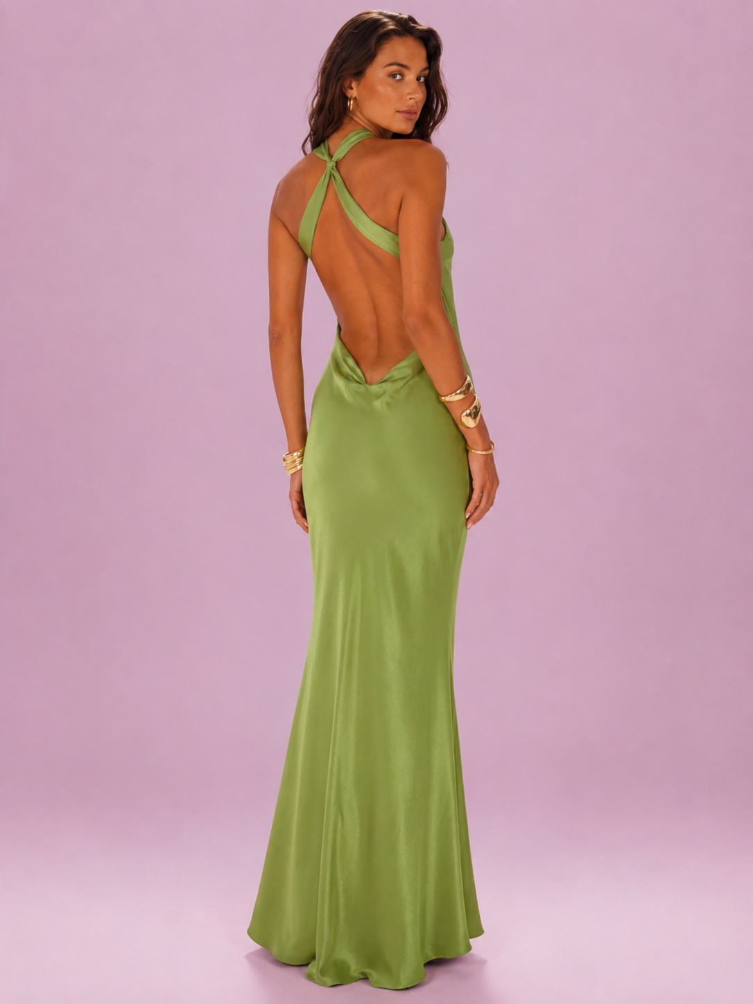 Butterfly Detail Halter Neck Satin Maxi Dress