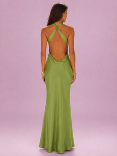 Butterfly Detail Halter Neck Satin Maxi Dress